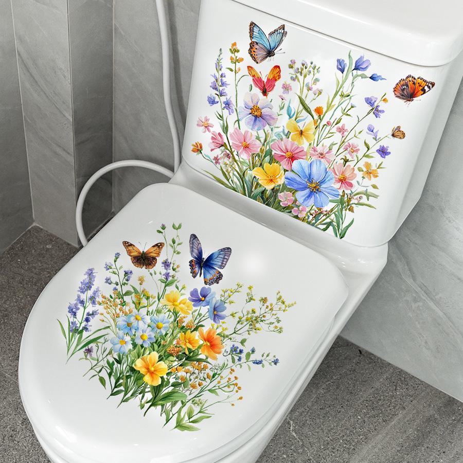 

2PCS Fresh Flower & Butterfly Toilet Stickers Self-Adhesive Decals for Bathroom Toilet Tank Seat Home Decor 30x30cm 2pcs