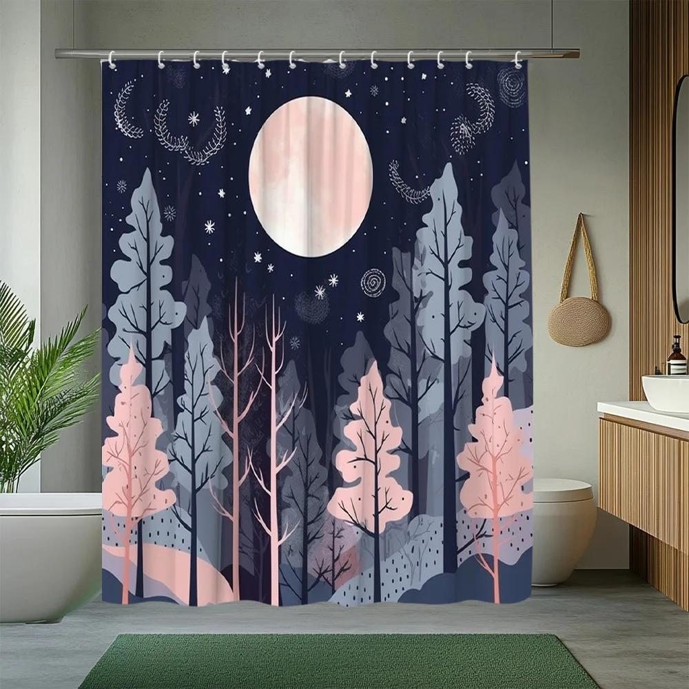 1pc Moonlit Forest Shower Curtain with Tree Landscape Design, Adds a Mysterious Ambiance To Your Bathroom, 70. 8x70. 8 Inches