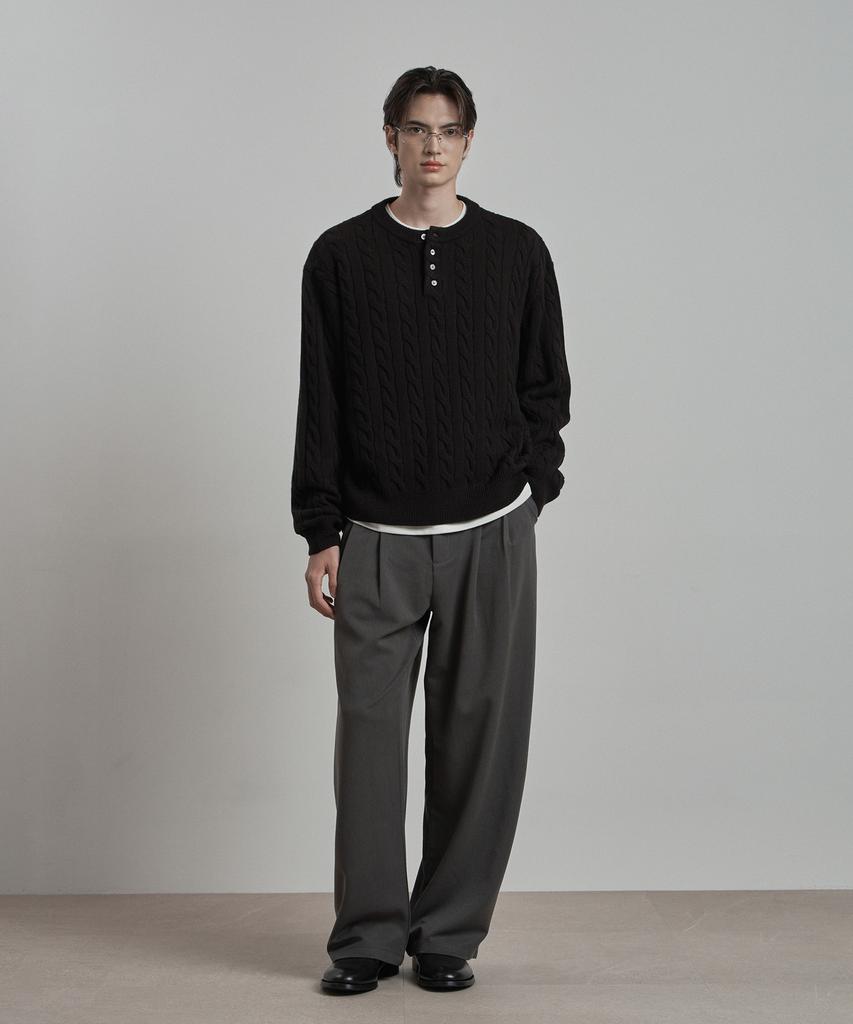 WORK ON BODY OFF Tord Semi-Overfit Cable Henley Neck Knit [Black]