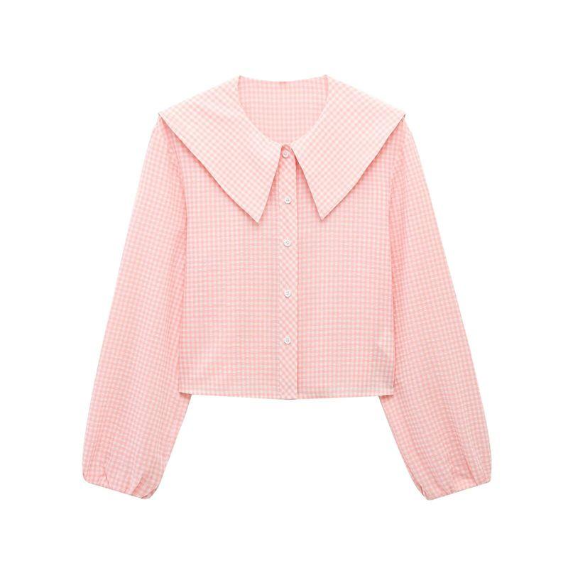 Spring New Women's Clothing Sweet Style Small round Lapel Small Plaid Puffy Long Sleeve Shirt Top 4661038