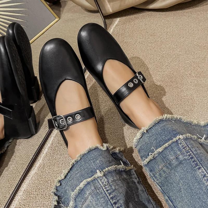 Fashion Women Mary Jane Shoes 2025 Autumn Black Pu Leather Vintage Flats Woman Fashion Belt Buckle Round Toe Ballet Flat Shoes
