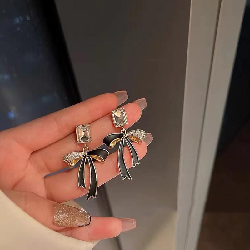 S925 Silver Needle Rhinestone Bow Earrings for Women - Elegant Korean Style Studs