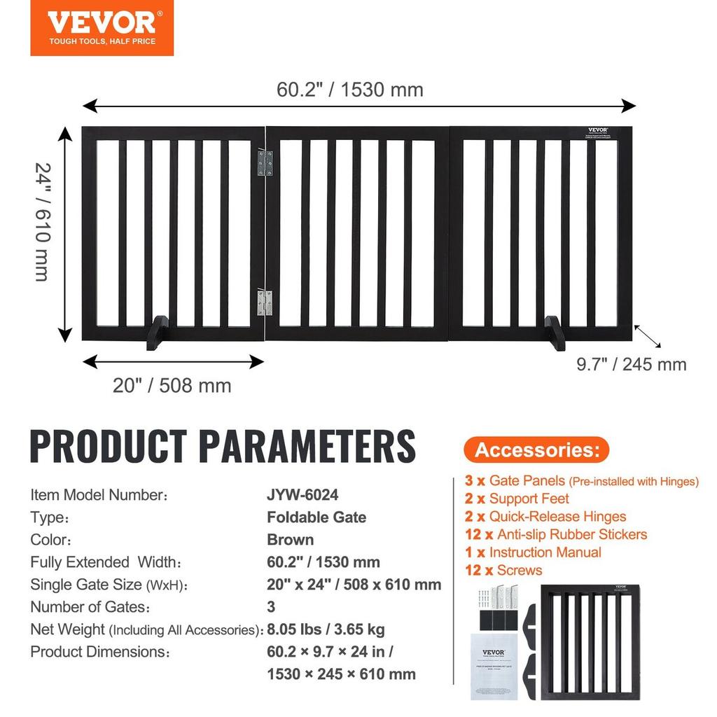 Free Standing Dog Gate 24x60 Inch Freestanding Pet Gate Foldable Brown