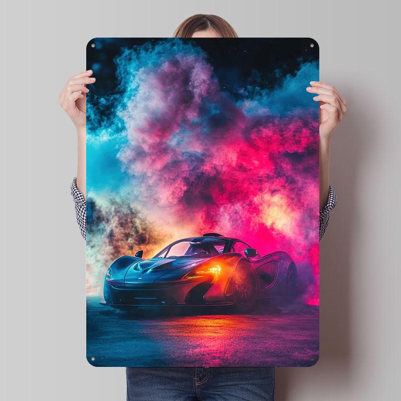 Sports Car In Smoke Printed Poster Customized Wall Art Retro Vintage Metal Tin Signs for Garage Aesthetic Room Decor Men Home 20X30CM