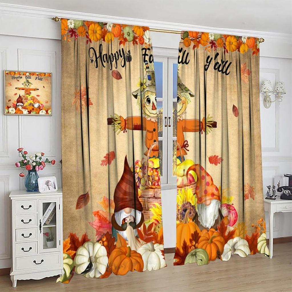 Autumn Fall Harvest Decor Window Curtains Happy Fall Pumpkin Scarecrow Seasonal Nursery Drapes Halloween Window Treatment