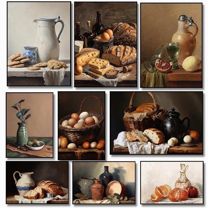 

Vintage Nordic Country Kitchen Biscuit Bread Egg Still Life Art Poster Canvas Paintings Wall Art Pictures Home Decor 21cm×30cm NoFrame