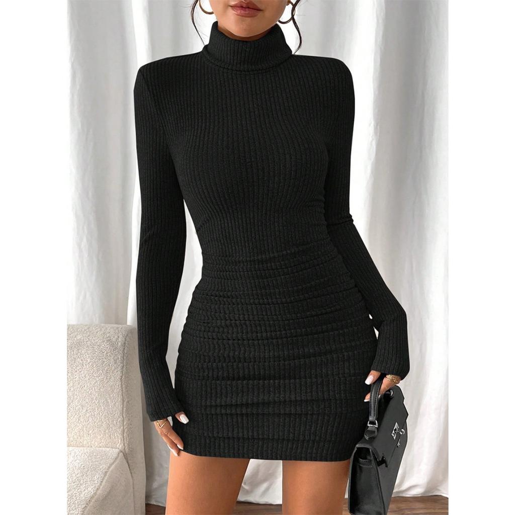 Fall Winter Women's Turtleneck Knit Bodycon Dress Slim Fit Pencil Mini Dress Casual Basic Party Cocktail Dress