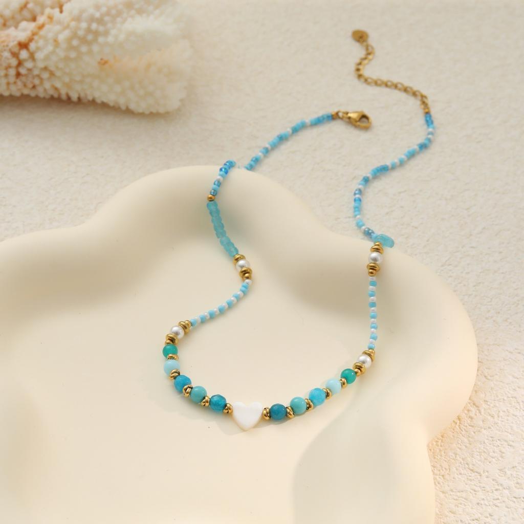 GEMCHIC Women's Ocean Style Blue Green Fish Heart Beaded Necklace Stainless Steel Layered Choker Jewelry
