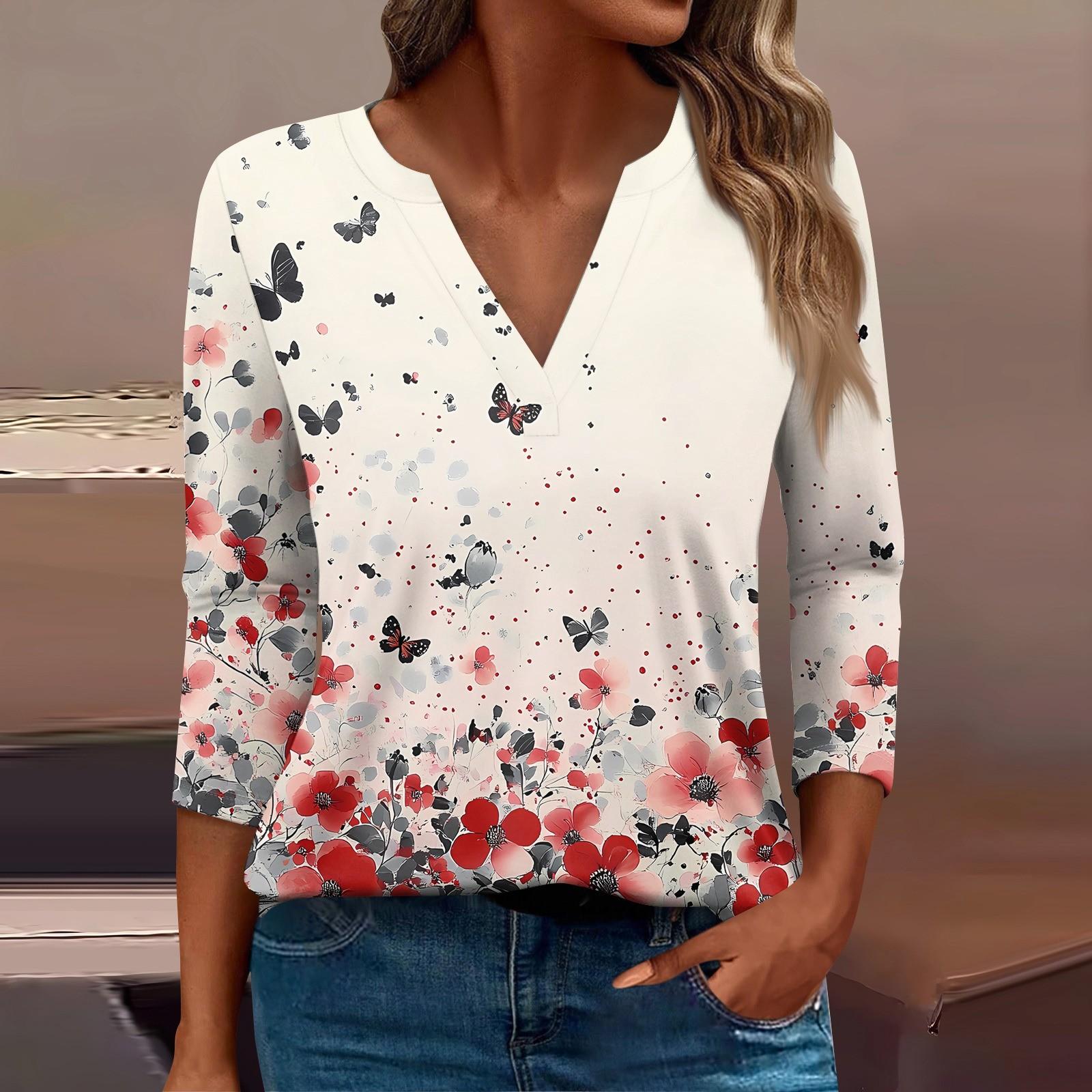 

Женская футболка Футболка с принтом Рукав 3/4 Повседневные Выходные Мода Базовый V-образный вырез Обычный топ XL киноварь