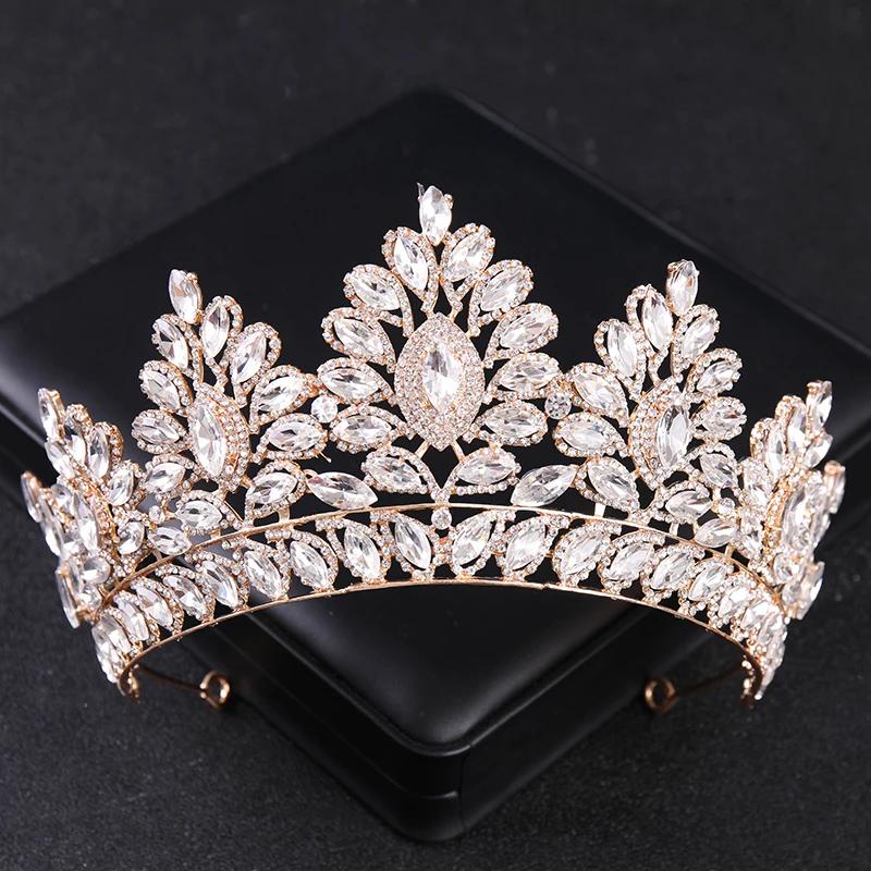 Goldfarbene Luxus-Kristall-Hochzeitstiara und Kronen Party Strass Abschlussball Braut Diadem Krone Tiara für Damen Braut Haarschmuck