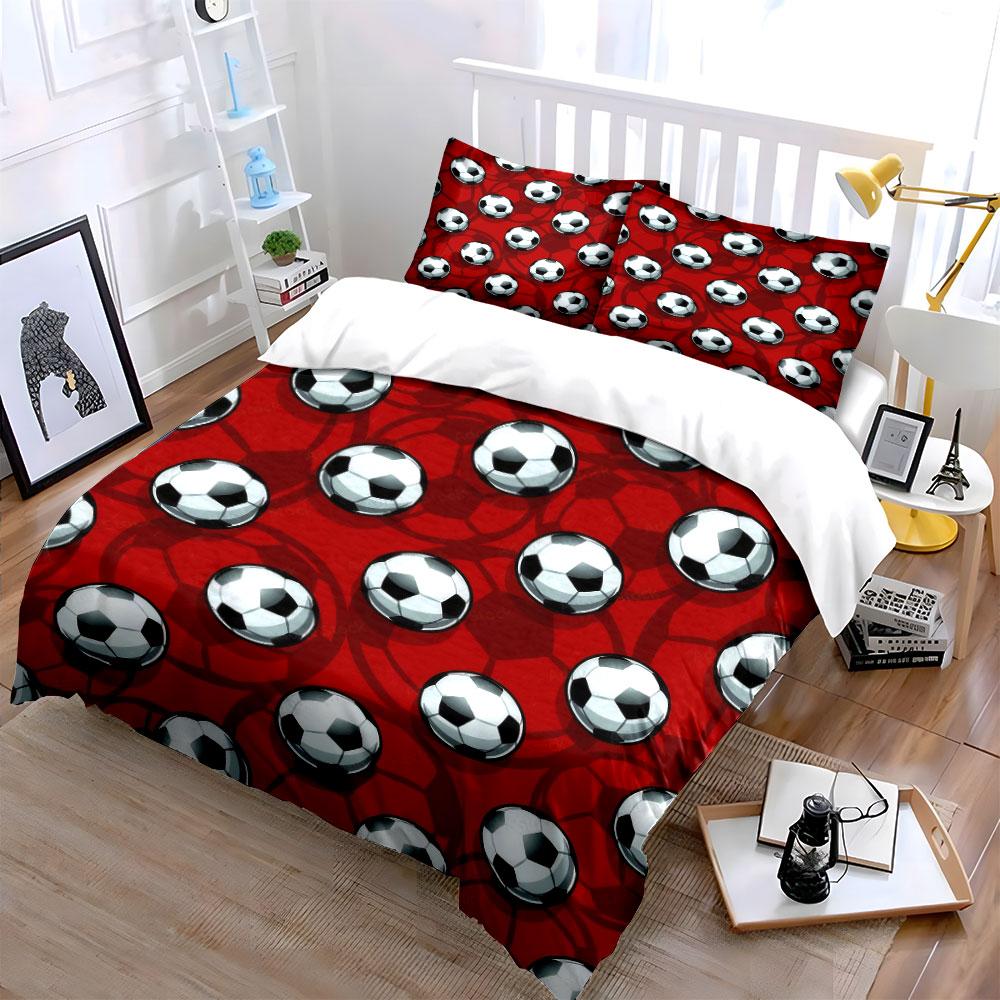 Red Background Soccer Ball Pattern 3Pcs Bedding Set Soft Microfiber Bed Sheet Pillowcase Set For Kids Football Fans Room Decor