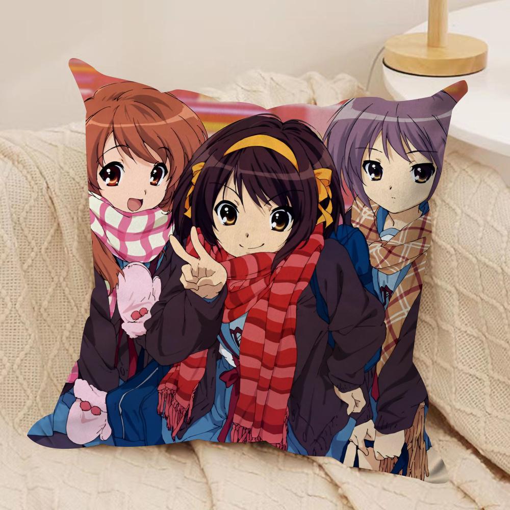 The Melancholy of Haruhi Suzumiya Cushion Cover Soft Plush Fabric Double-Sided Printed Sofa Cushion Cover for All Seasons Decor