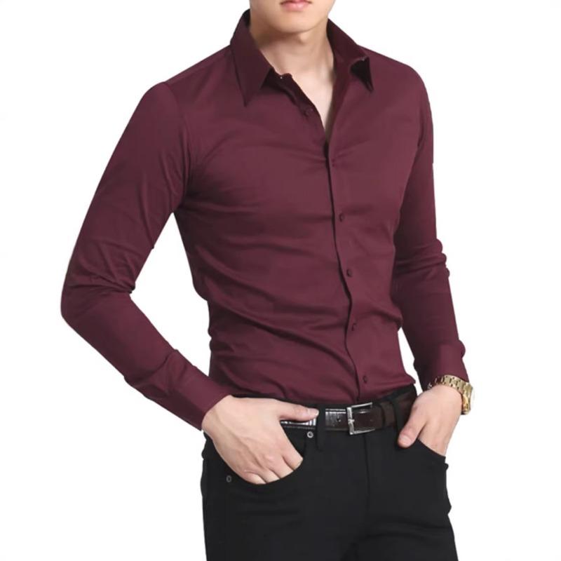 Solid Color Wine Red Non Iron Slim Fit Long Sleeve Business Casual Men Dress Shirt