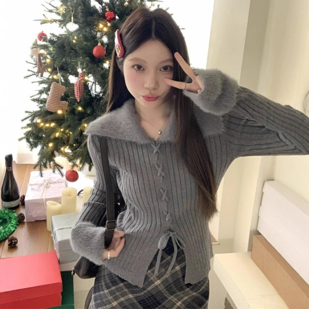 Plush splicing lapel gray sweater women s slim and thin knitted cardigan winter niche short One size