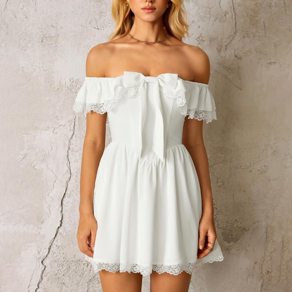 Summer fashion new lace splicing suspender dress, European and American sexy hottie backless shoulder A word short skirt