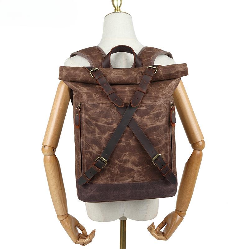 Leisure Travel Bag Waterproof Canvas Bag with Top Layer Cowhide Men's and Women's Shoulder Travel Computer Backpack