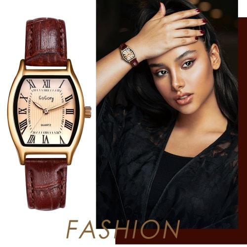 Women's Leather Watch with Roman Alphabet, Analog Display, Antique Leather Strap, Business/Casual, Retro, Waterproof, Quartz Movement, Brown, Perfect