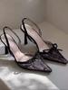 Summer Feeling Embroidered Lace Bow High Heels Thin Heel Small Pointed Head Sexy Royal Sister Net Red Bag Head Sandals