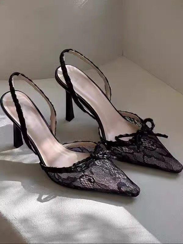 Summer Feeling Embroidered Lace Bow High Heels Thin Heel Small Pointed Head Sexy Royal Sister Net Red Bag Head Sandals