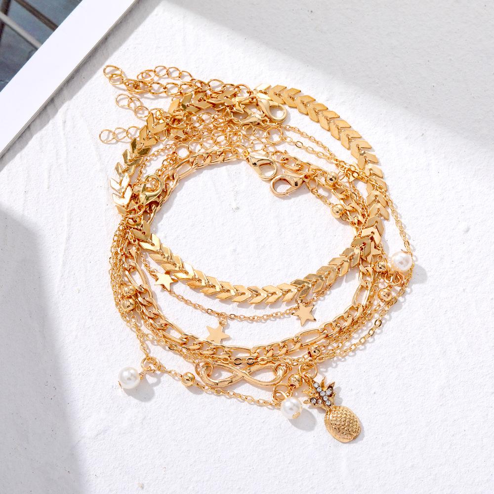 Retro Pineapple Pearl Multi-layer Anklet Set - High-end Girls' Foot Jewelry