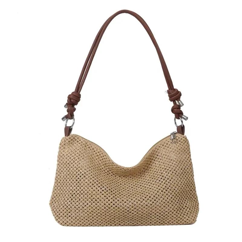 Bolso de paja tejido para mujer, bolso de hombro tejido, bolsos de playa, bolsos hobo, bolsos tejidos, diseñador de moda, verano
