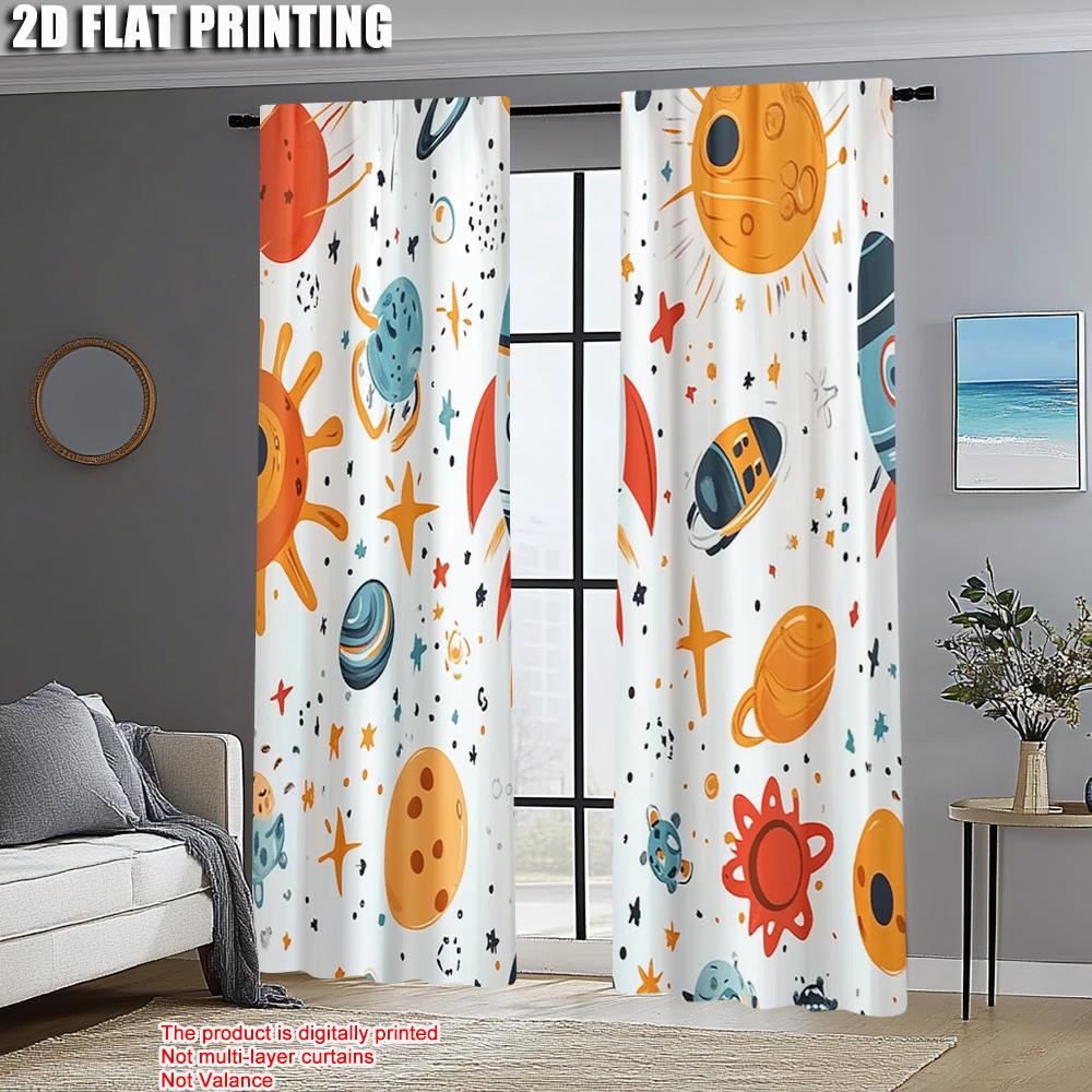2 Stück, Vorhang Beliebter 2D-Flachdruck Cartoon Raumschiff Rakete Vielseitiger Stoff (ohne Stange) Festlich Perfekt für Wohnzimmer
