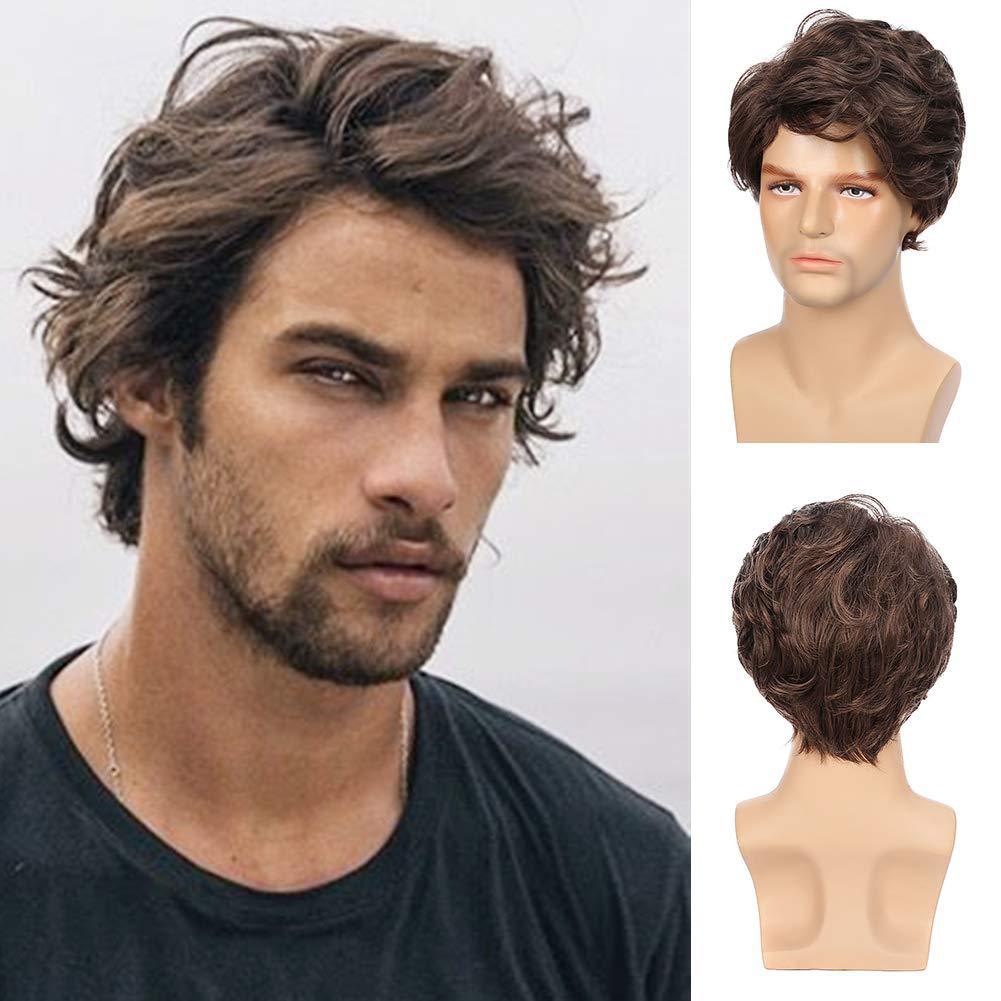 Men's black multi-layered fluffy natural split short curly wig