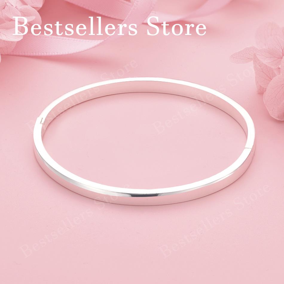 925 Sterling Silver Simple Smooth Clasp Bangle for Women, Fashionable Engagement Accessory, Party Jewelry