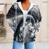 Women Plus Size Zip Up Long Sleeve Hoodie Drawstring Hood Pockets Printed Rhinestone Floral Pattern Black Gray White