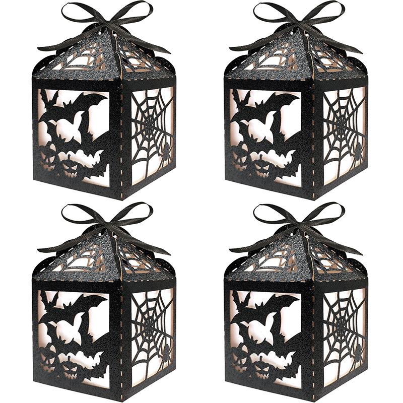 

WTEMPO Складные подарочные коробки на Хэллоуин с узором летучей мыши/паутины, ажурные, декор для вечеринки на Хэллоуин, коробки для угощений 5pcs чёрный