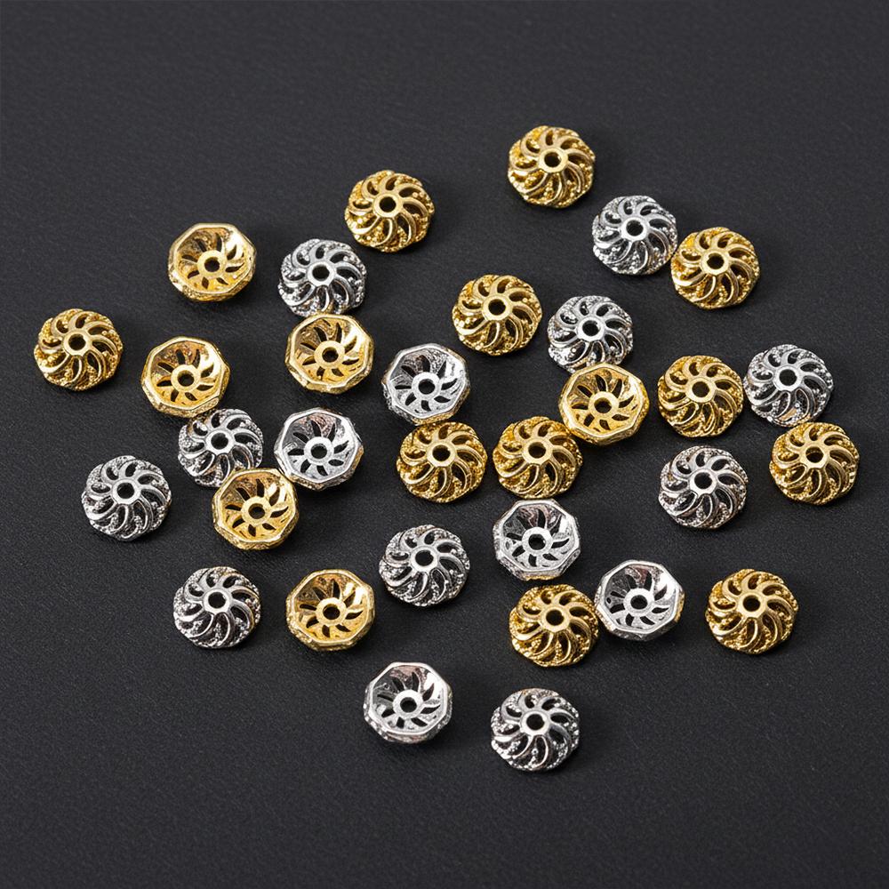 18K Gold Plated Segmented Hollow Wheel Flower Bead Caps Bracelet Necklace Crafts Round Bead Cap DIY Jewelry Making Accessories
