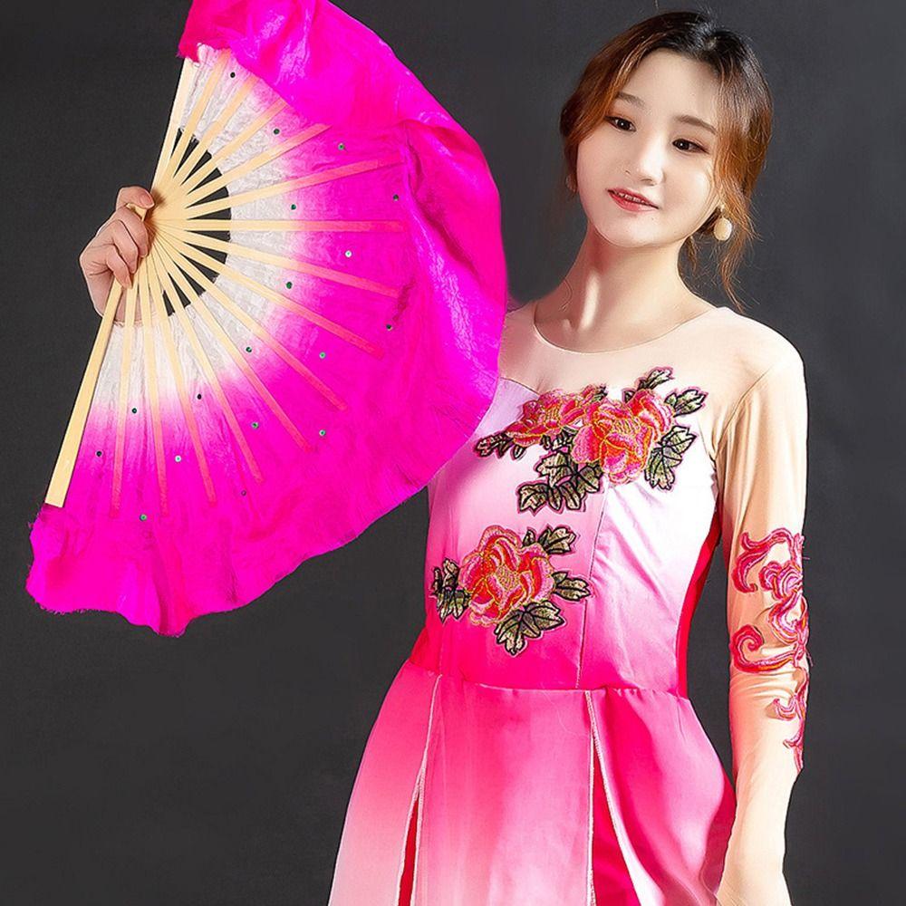 Kid Women Gradient Color Dancer Practice Rayon Silk Fans Belly Dancing Fan Long Silk Fans Silk Fans