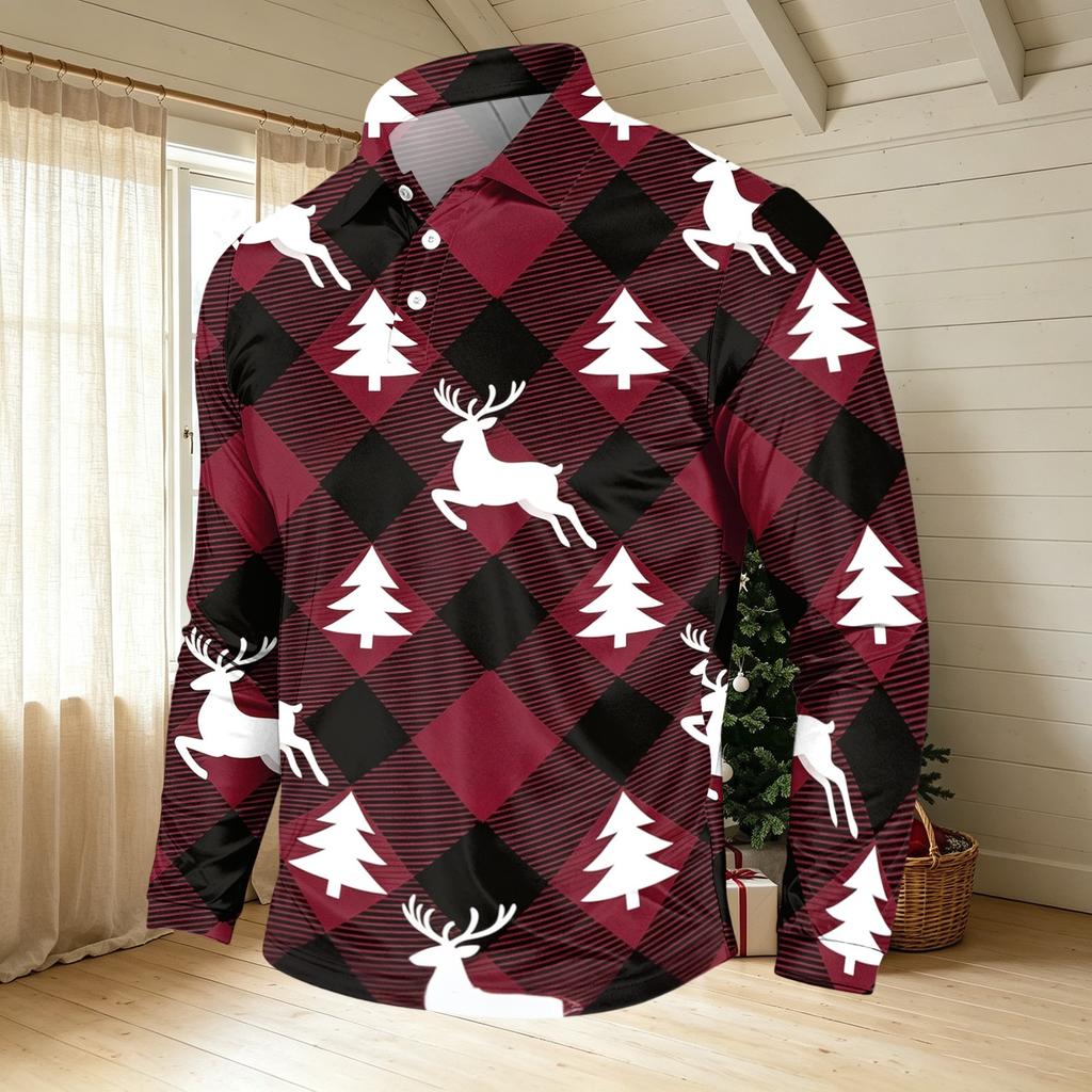Men's Casual Long Sleeve Neck T-Shirt with Christmas Print for Holiday Party