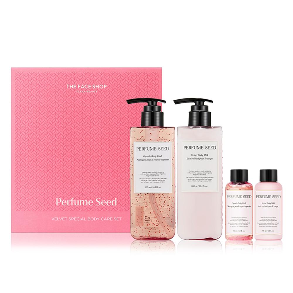 THE FACE SHOP Perfume Seed Samt Körper Spezial-Set (Duschgel 300 ml + 60 ml + Körpermilch 300 ml + 60 ml) (Body Wash 300 ml + 60 ml + Body Milk 300 ml + 60