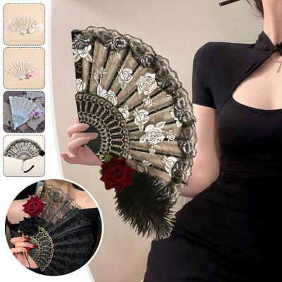 Ventilator gotic Lolita evantai de mână victorian pentru femeie din dantelă, vintage, negru, alb, roșu, trandafir, fani de bambus, accesorii pentru petrecere de Halloween