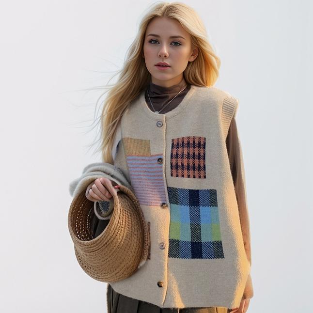 DIMANAF 2024 Winter Autumn Women Plaid Sleeveless Vest Sweaters Knitting Fashion Casual Style Loose Sweater
