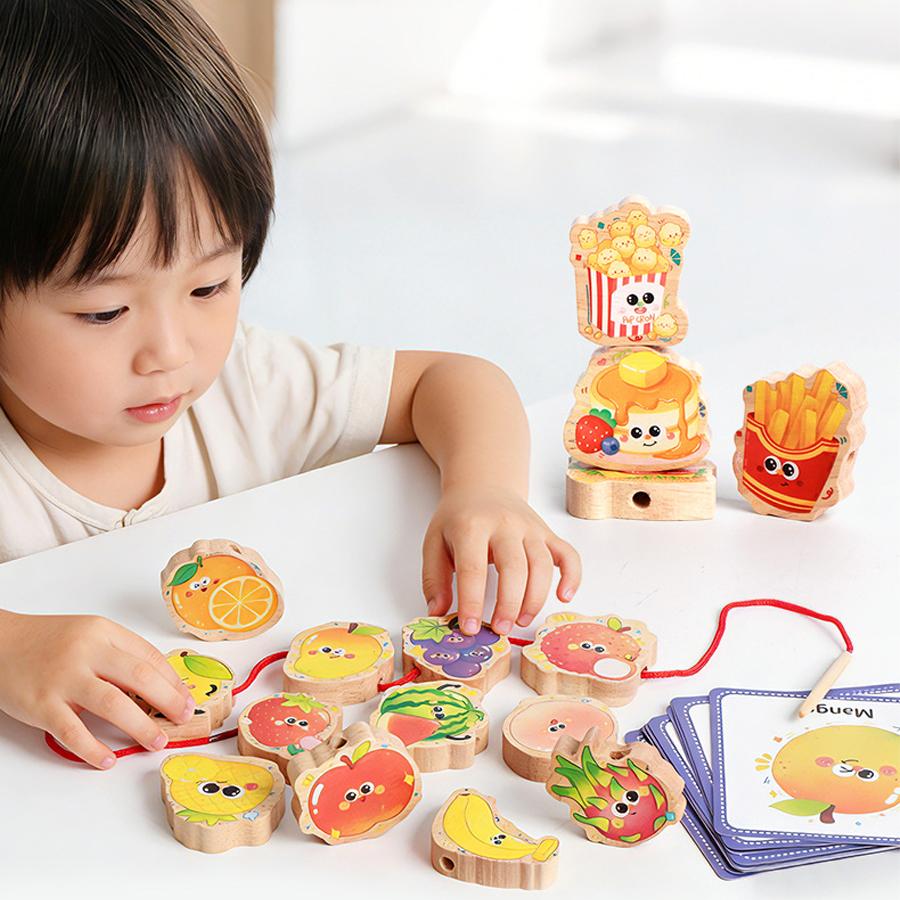 Pädagogisches Montessori Holz-Schnürperlen Spielzeug Fädelspiel Obst Lebensmittel Spielzeug Kleinkind Feinmotorik Lernspielzeug Kinder