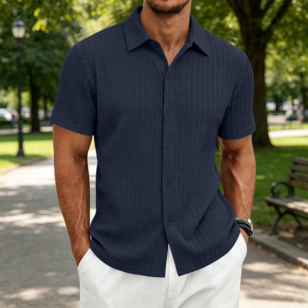 Men's Textured Knit Short Sleeve Shirt Casual Simple Button Down Polo Collar Shirt Summer Lightweight Breathable Fabric