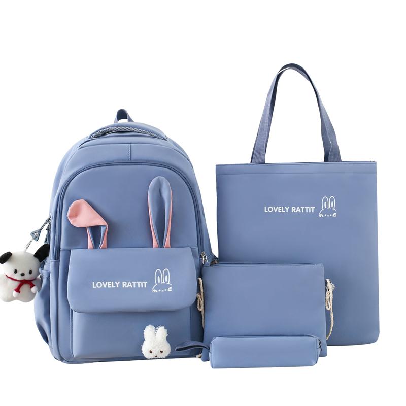 

Жіночий рюкзак із чотирьох предметів, шкільний рюкзак із кролячими вушками, рюкзак для учнів великої місткості, рюкзак для захисту хребта синій