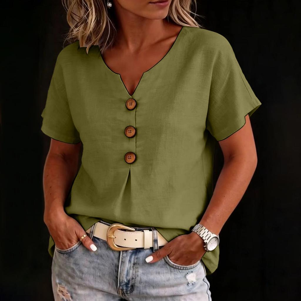 Women’s V Neck Cotton Linen Short Sleeve Button Front Casual Loose Fit Blouse Lightweight Summer Top for Daily Wear