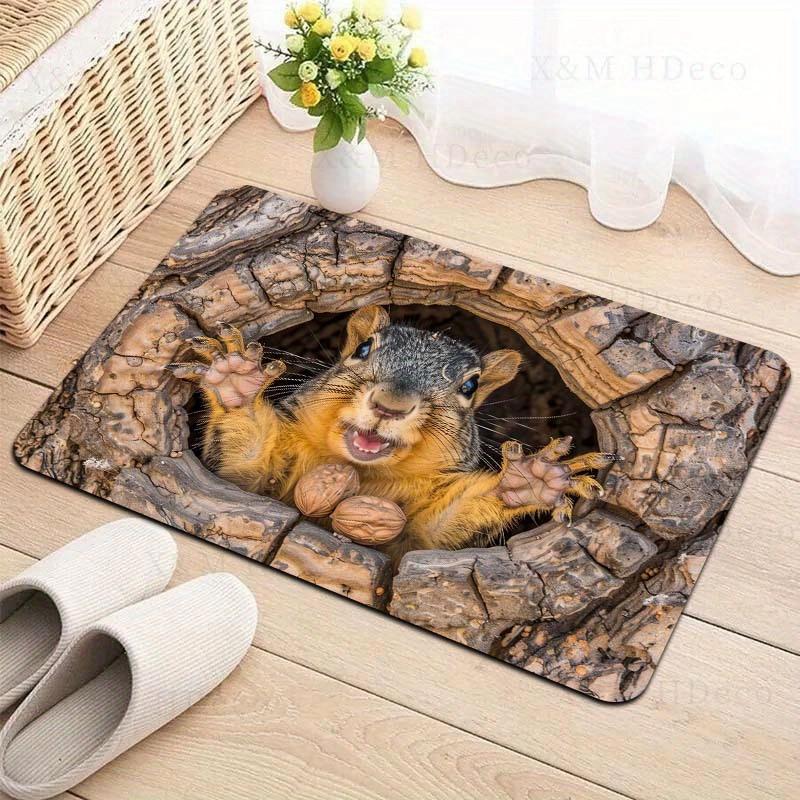 Animated Squirrel In Tree Hole Doormat Indoor Mat with Entryway Rug for Bathroom Kitchen Living Room Bedroom Safe Carpet Decor