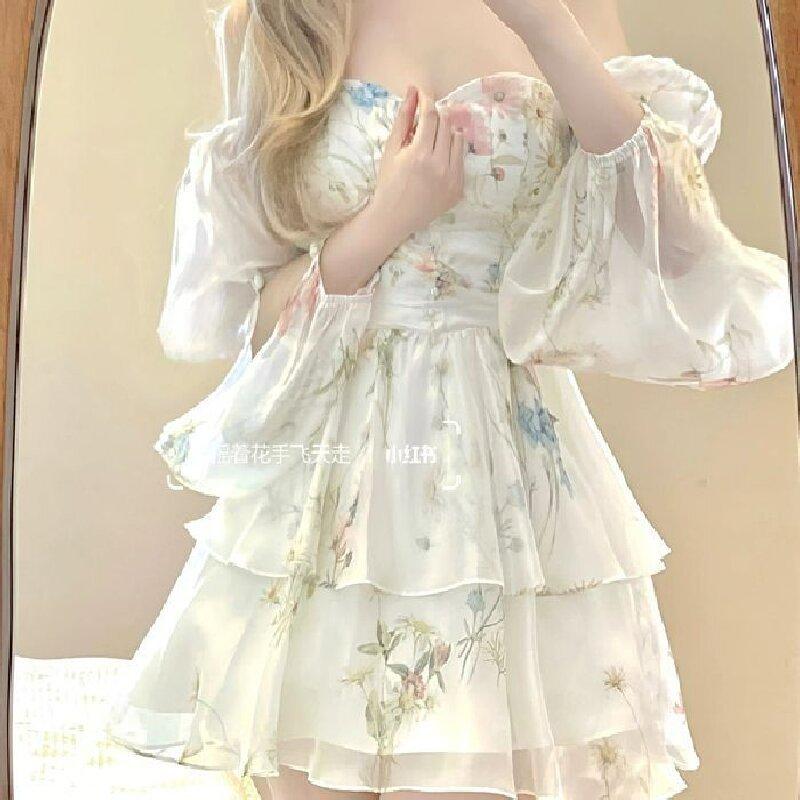 French floral long-sleeved dress children early autumn French first love princess tutu skirt waist small short skirt