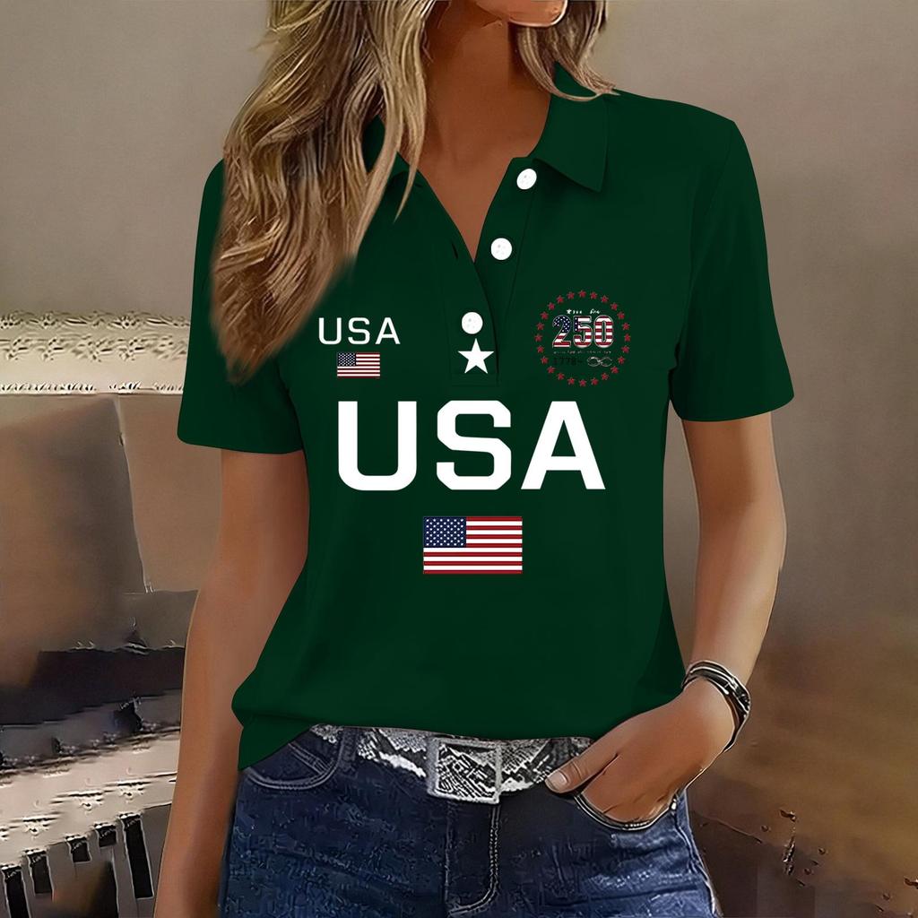 Damen Casual Kurzarm Knopf-Polohemd USA-Aufdruck 250. Jubiläum Grafik Leichtes Sommeroberteil