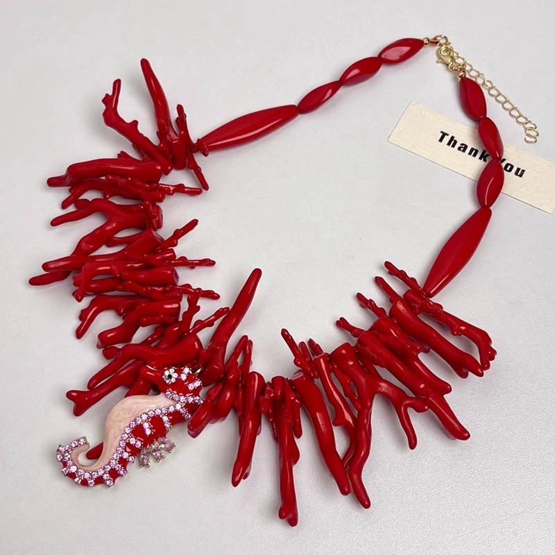 

Fashionable Exaggerated Bohemian-Style Red Resin Coral Necklace 2025 New Seahorse Pendant Collarbone Chain Women Trendy Jewelry Other