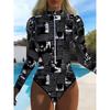 Women Long Sleeve One Piece Swimsuit Zip Front Floral Fluid Print Rash Guard Surfing Bathing Suit