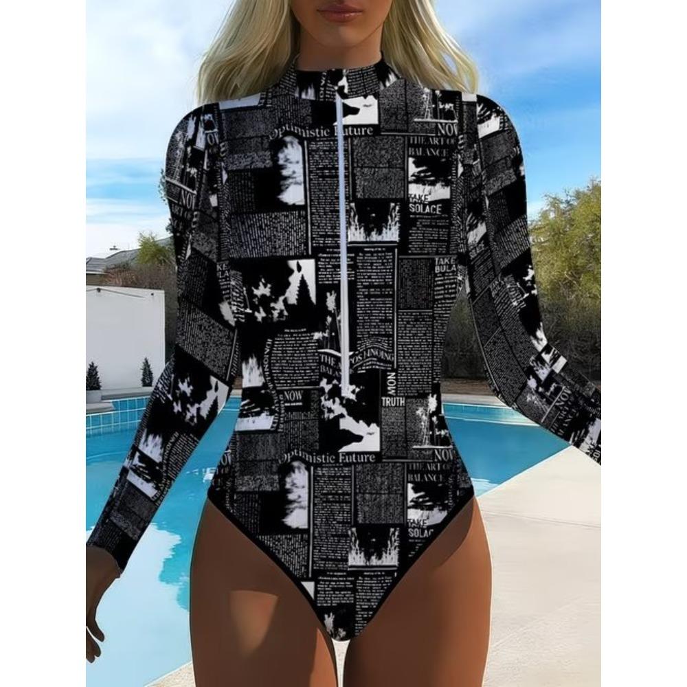 Women Long Sleeve One Piece Swimsuit Zip Front Floral Fluid Print Rash Guard Surfing Bathing Suit