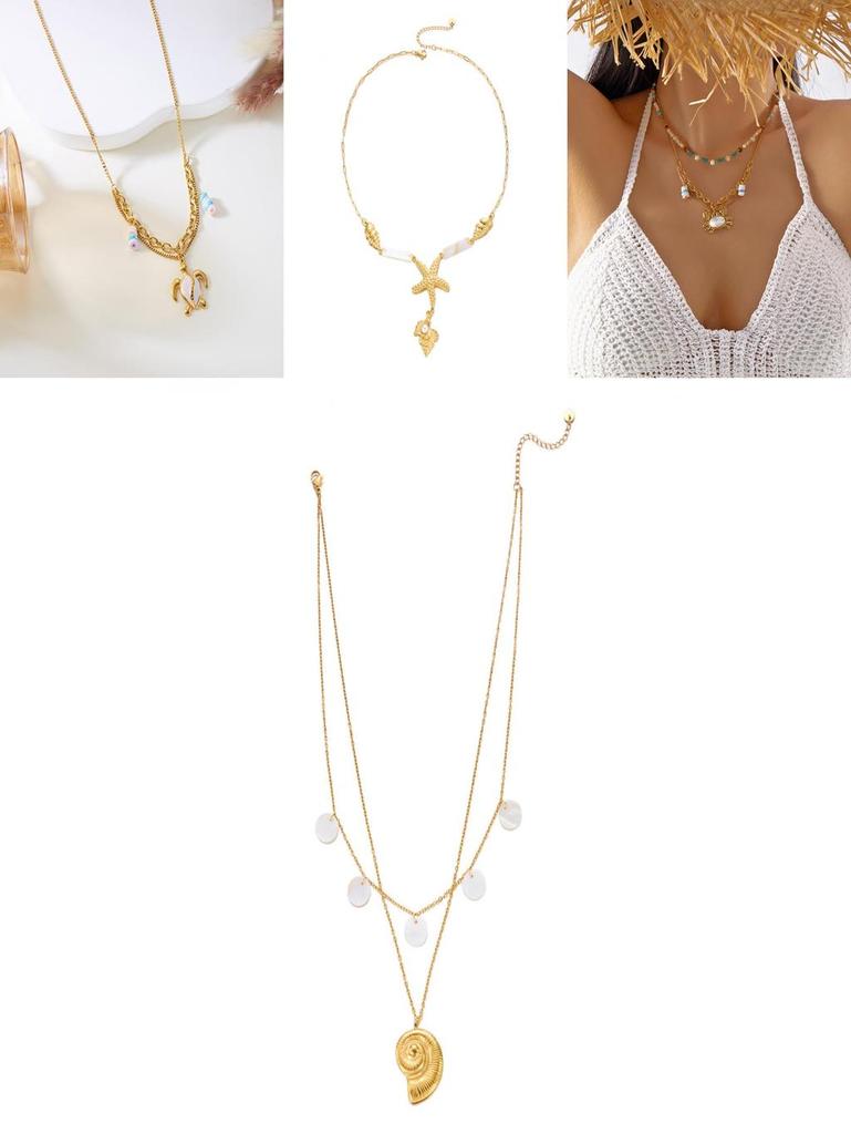 Summer Boho Resort Style Double Chain Necklace With Shell And Moon Decorations For Women
