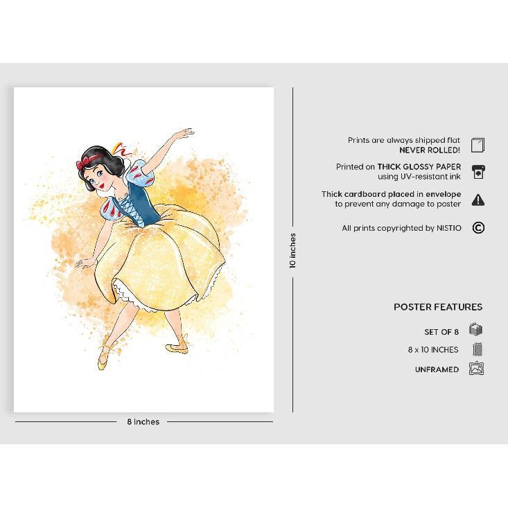 Nistio® Disney Princess Ballerina Wall Art Prints, Princess Playroom Decor, Elsa, Cinderella, Ariel, Snow White, Belle, Jasmine, Princess Anna,