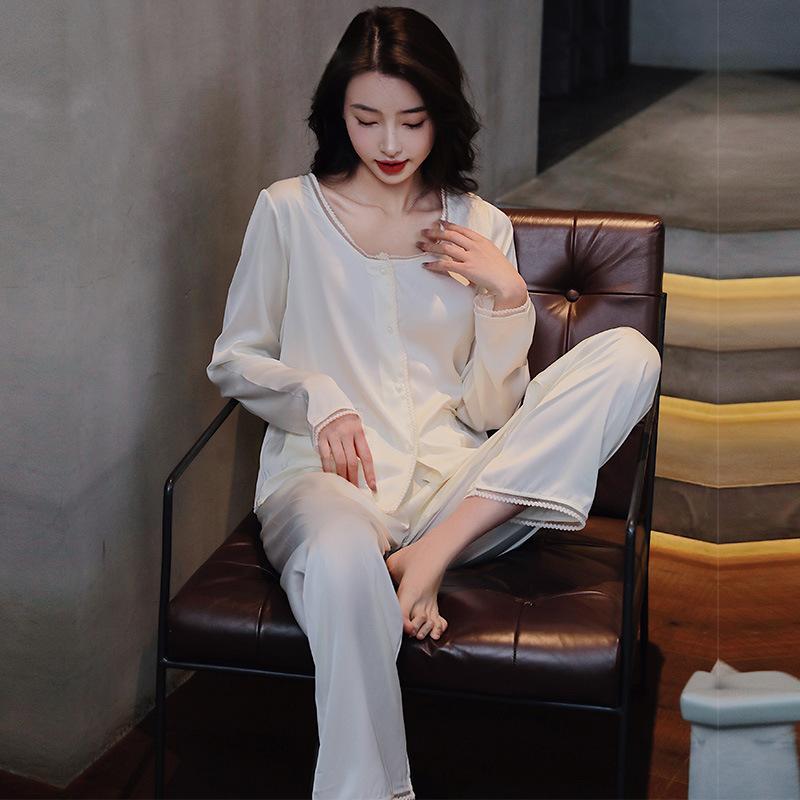 Women’s Ice Silk Lace Pajama Set Long Sleeve Top and Pants Spring Summer Autumn Elegant Palace Style Loungewear