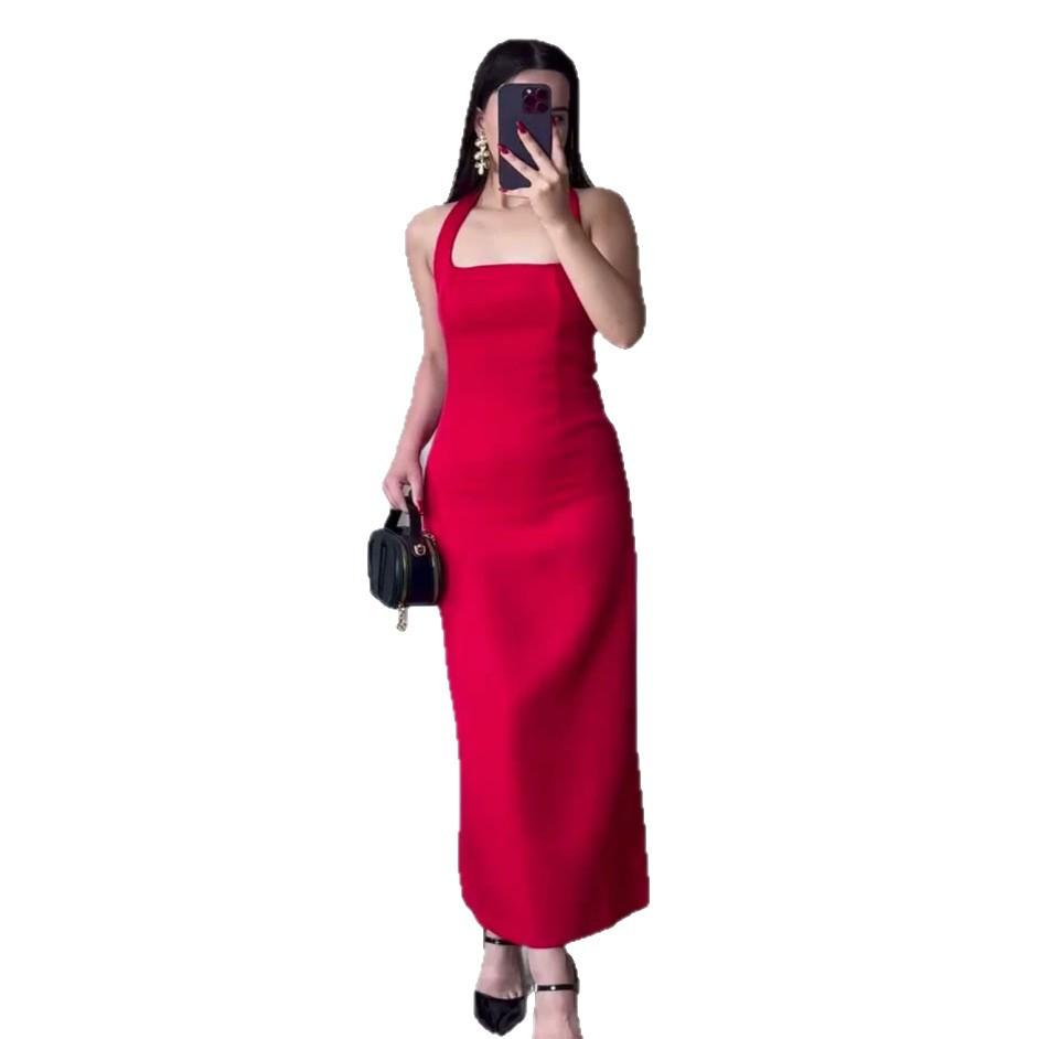 European and American Women's Clothing Spring and Summer Backless Neck Collar Sleeveless Long Dress Waist and Hip Temperament Dress